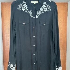 Stetson Black Floral Embroidered Blouse